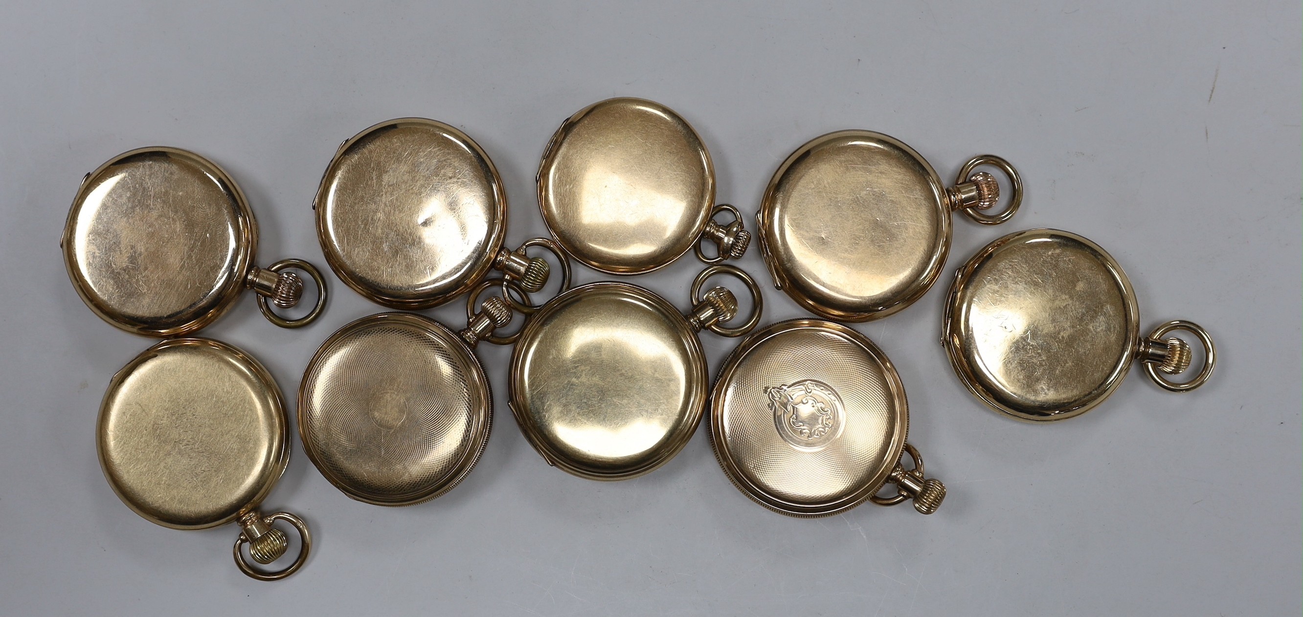 Nine assorted mainly late 19th/early 20th century gold plated hunter pocket watches including four Elgin, two Thomas Russell, two Waltham and one Rockford.